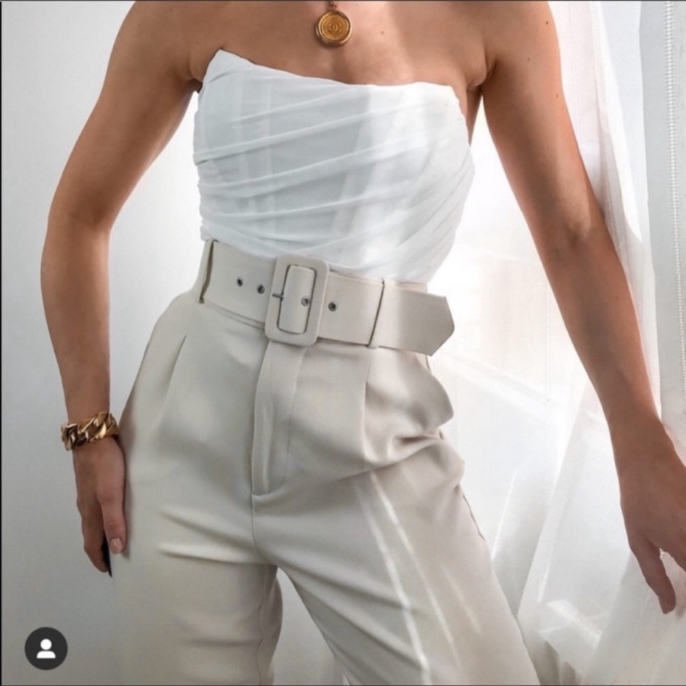 ZARA Beige Belted High Waist Tapered Trouser Pants - Picture 2 of 9